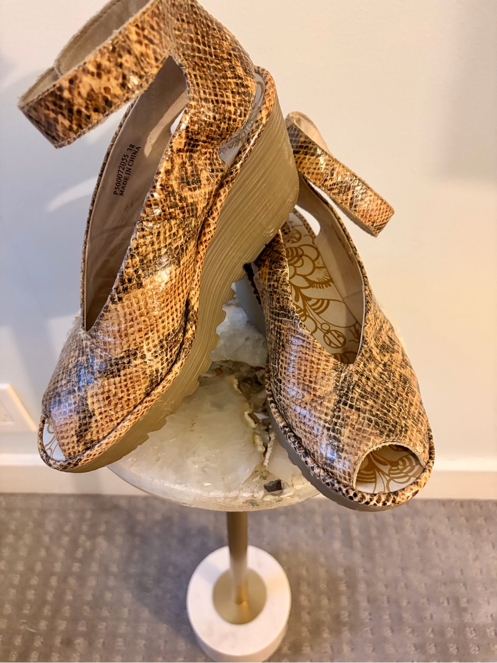 Fly London Women's Tan Snakeskin Wedge Sandals